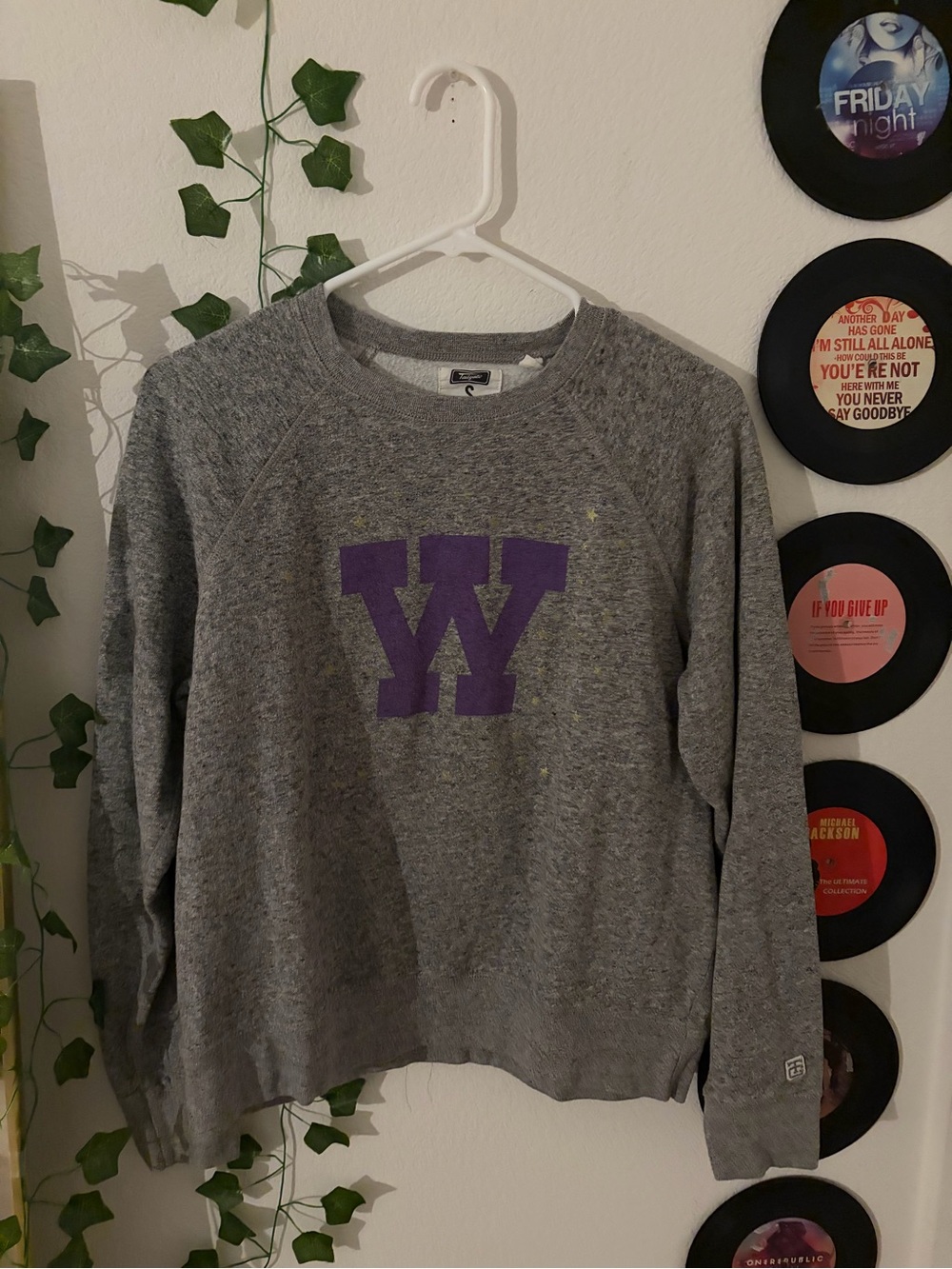 Men's Gray Crewneck Sweatshirt with Purple 'W' Graphic